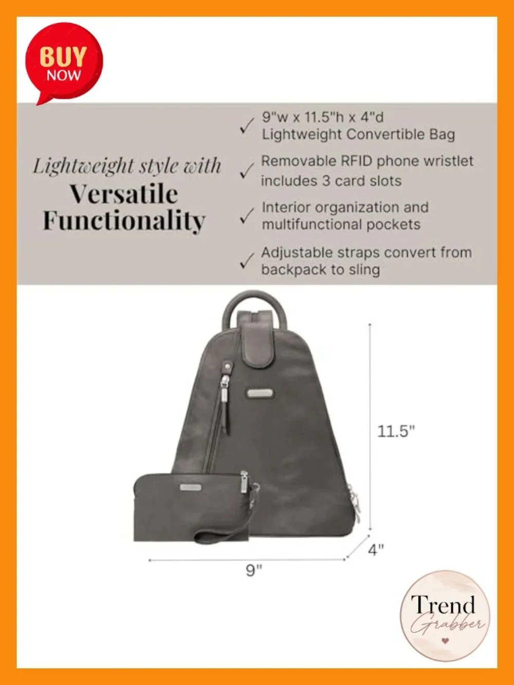 Convertible Backpack Sling Bag with RFID Wristlet, Water-Repellent Nylon